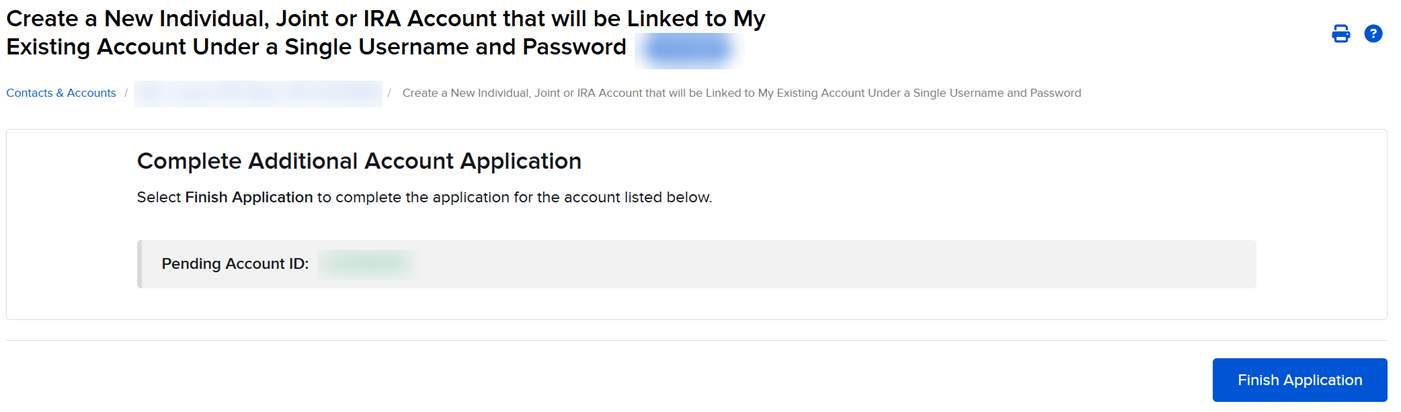 Image of the create additional client account type panel in portal. 